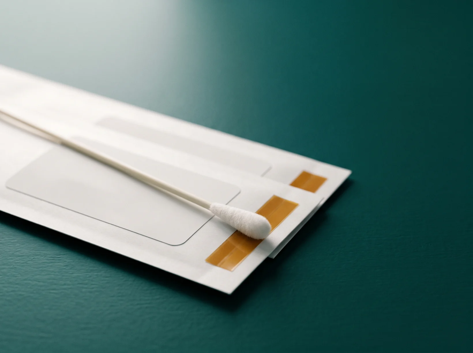 A cheek swab resting on two sealed DNA collection envelopes.