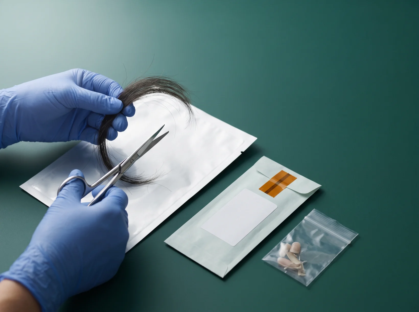 A gloved collector trims a hair sample over a foil collection envelope, beside a sealed envelope and a bag of nail clippings.